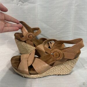 Sofft Tan Leather Wedge Sandals with Woven Platform